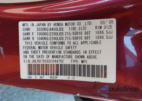 2005 Honda Cr-V Lx from USA, damaged, VIN JHLRD78565C044792